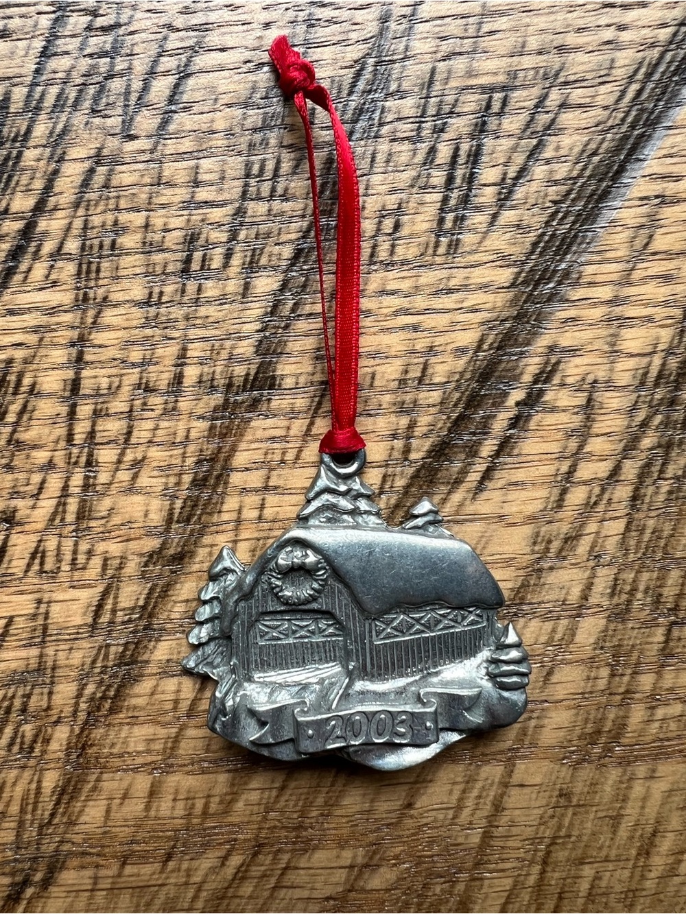 Pewter Holiday Covered Bridge Ornament - Red Ribbon